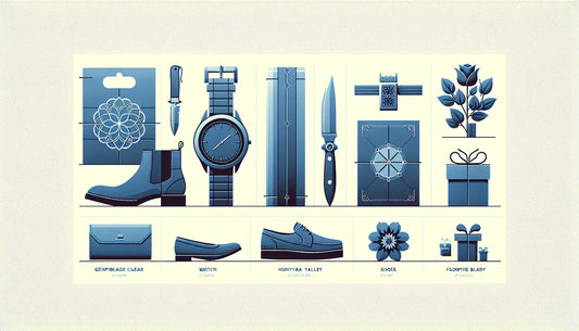 Minimalistisches Ensemble aus Messer Uhr Schuhe Geldboerse und Blumen als klare Vektorgrafiken auf ruhigem weissem Hintergrund mit Infotext zu tabus bei Geschenken