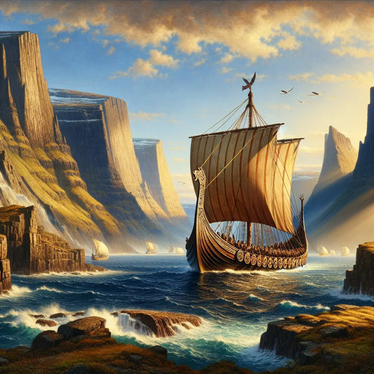 Majestic Viking ship sailing through dramatic fjords and volcanic coastlines under a clear Nordic sky, depicted in the style of 1960s historical epics.