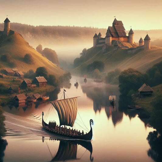 A serene Viking cruise ship sails gently on a historic river at sunset, surrounded by ancient castles and quaint towns, depicted in a warm, cinematic 1960s epic painting style.