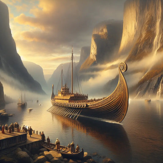An elegant Viking-style cruise ship sailing through misty Nordic fjords at sunrise, surrounded by towering cliffs and calm waters, painted in a cinematic 1960s epic style.
