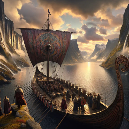 A majestic Viking longship sails through towering Scandinavian fjords at sunset, with crew in traditional Norse clothing and a dramatic sky above, painted in a cinematic 1960s historical epic style.