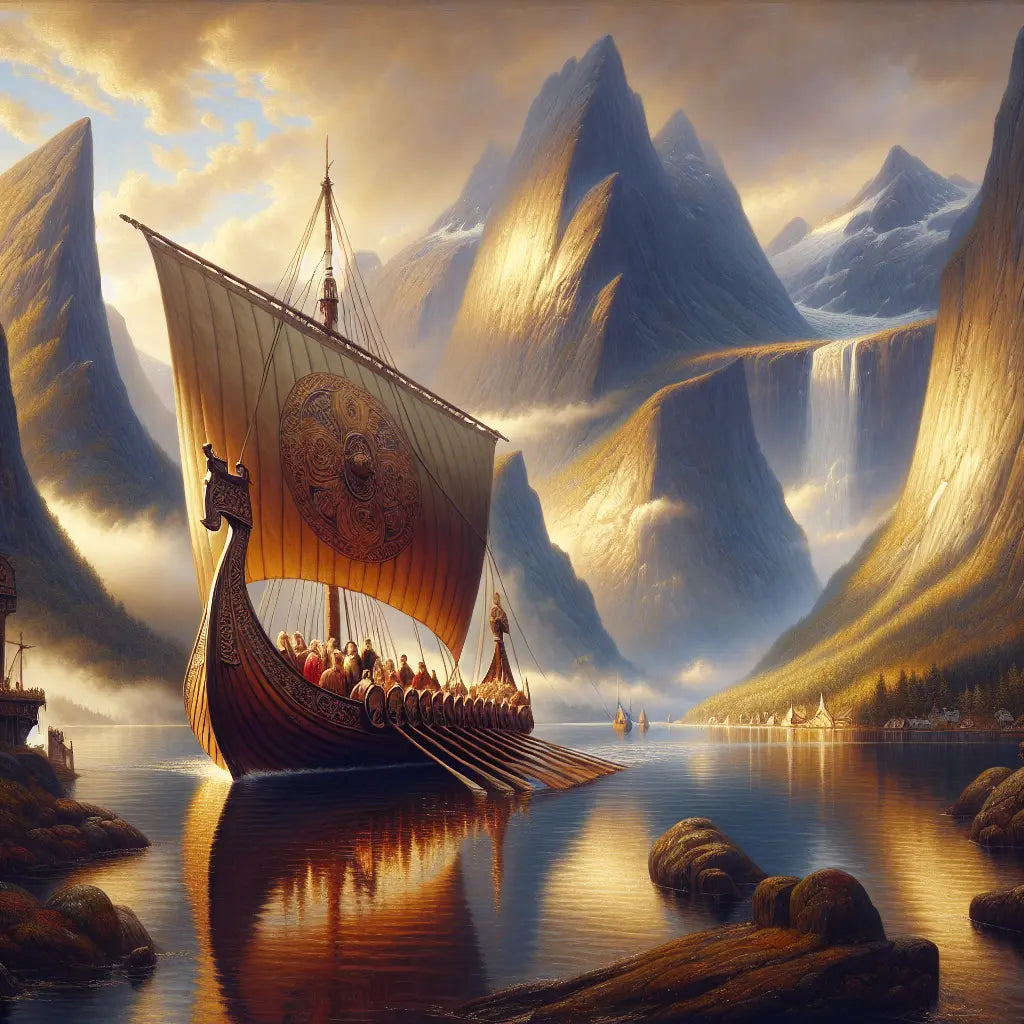Majestic Viking cruise ship sailing through serene fjords with towering mountains and calm waters under a bright sky, painted in the style of 1960s historical epics.