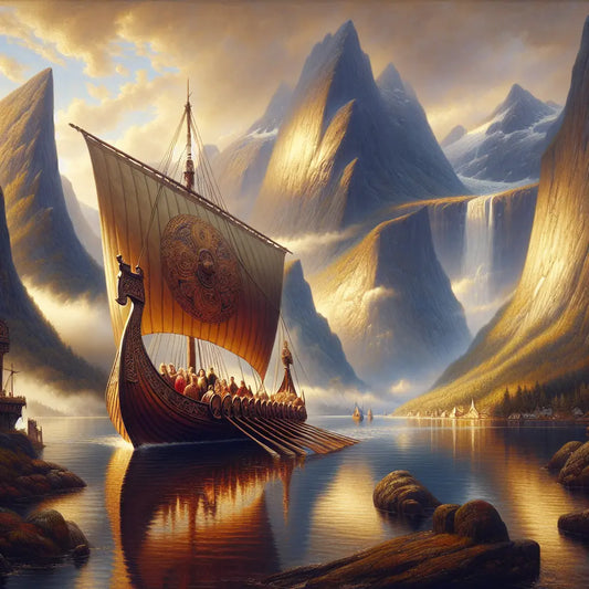 Majestic Viking cruise ship sailing through serene fjords with towering mountains and calm waters under a bright sky, painted in the style of 1960s historical epics.