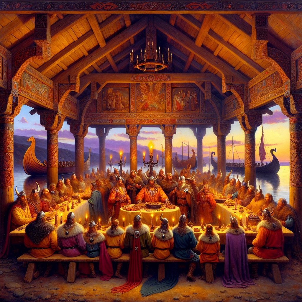 Viking men in brightly colored tunics and ornate jewelry gather in a grand feast hall at twilight, with Viking longships visible in the background under a vivid sky.