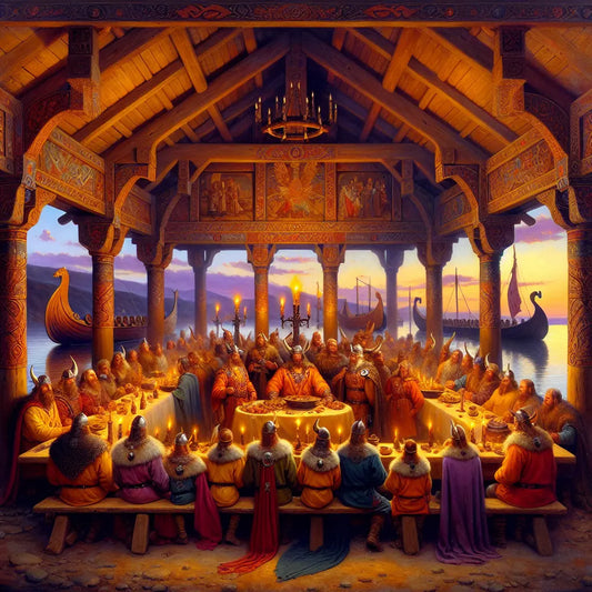 Viking men in brightly colored tunics and ornate jewelry gather in a grand feast hall at twilight, with Viking longships visible in the background under a vivid sky.