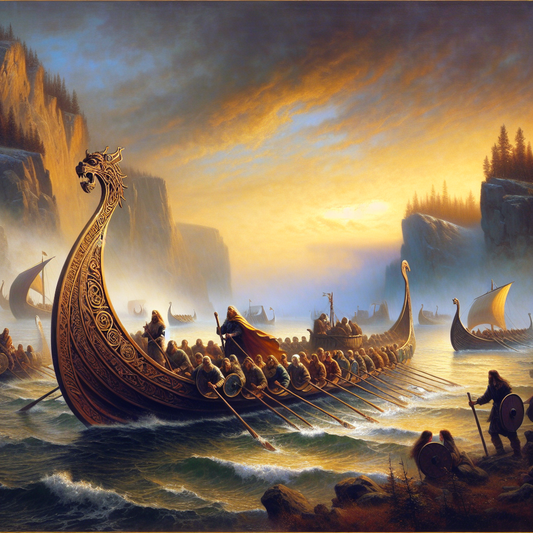 Majestic Viking longboat with a gleaming dragon prow sailing through misty northern seas at dawn, warriors rowing swiftly, painted in a 1960s historical epic style.
