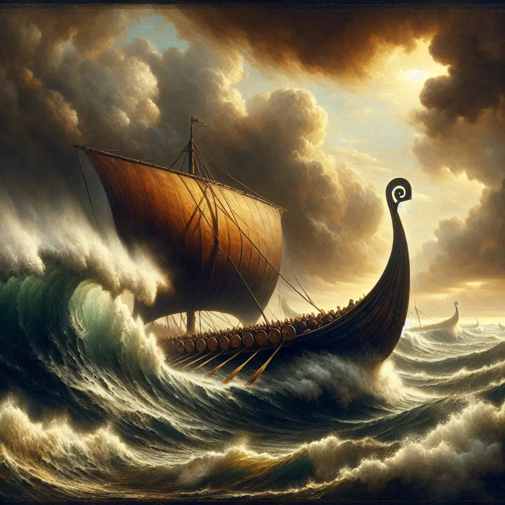 A Viking longboat bravely navigating towering ocean waves during a fierce northern storm, depicted in the painterly style of 1960s Roman historical epics.