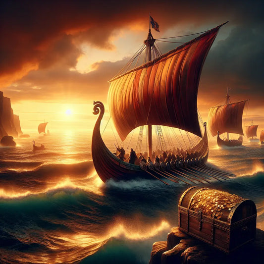 Viking longship sailing on the Atlantic Ocean at sunset with sails full and a treasure chest overflowing with gold coins on deck, depicted in a cinematic 1960s historical epic style.