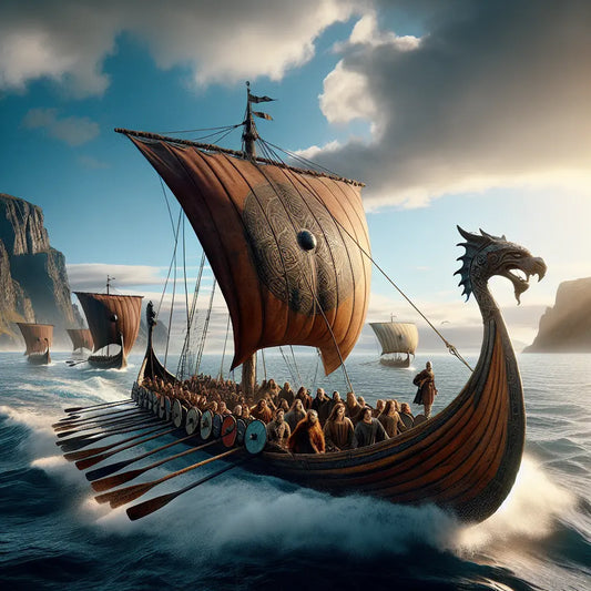 Viking longship sailing across calm northern waters with a clear sky, crewed by sailors in traditional tunics, framed by rocky fjords and forests, in a cinematic painting style of 1960s historical epics.