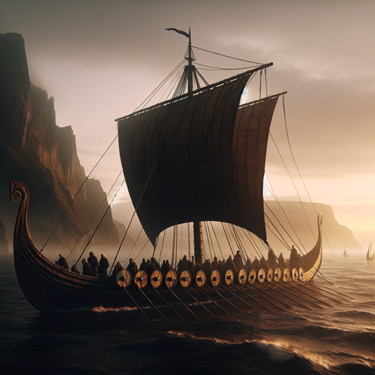 An ancient Viking longship with shields along its side sails through misty Nordic seas at dawn, bathed in warm golden light, evoking a mythic adventurous atmosphere in a cinematic painting style.