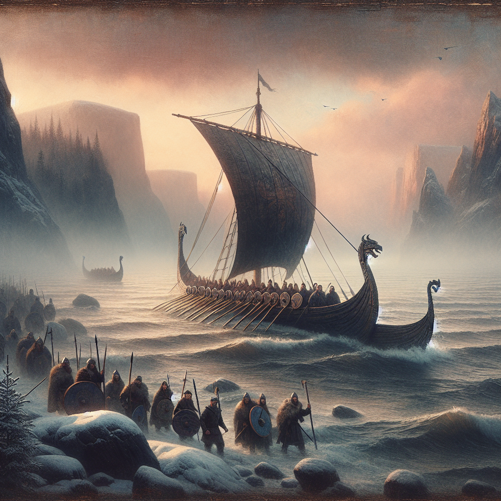 A Viking longship with warriors sails on a misty northern sea at dawn, capturing the adventurous spirit and cultural roots of Norse Viking history in a 1960s cinematic painting style.
