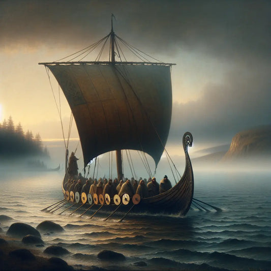 Viking longship with billowing sail and shields glides through misty northern waters at dawn, evoking ancient voyages and heritage in a cinematic 1960s epic style.