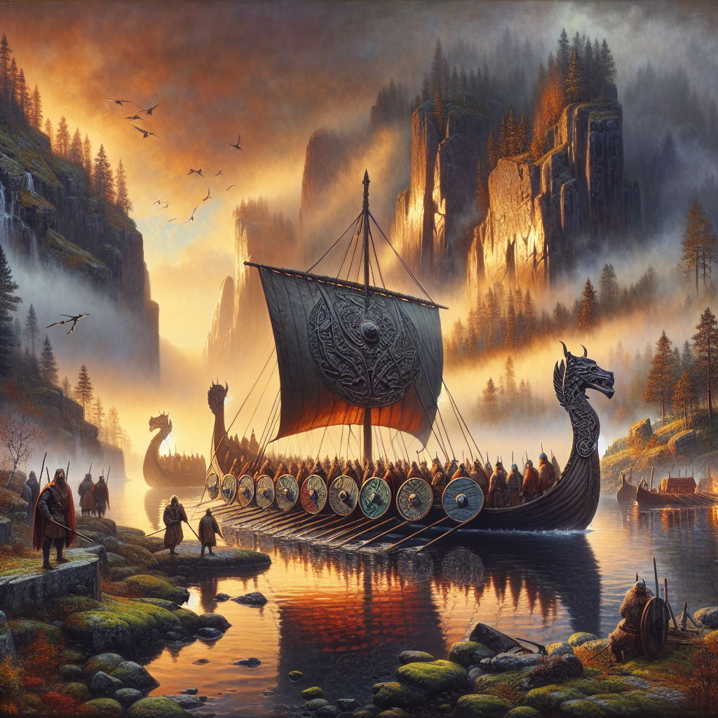 Viking longship with dragon carvings sailing through misty Scandinavian fjords at dawn, inspired by 1960s epic historical film style.