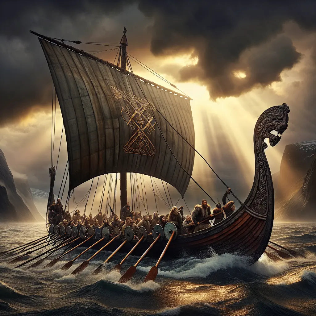 A majestic Viking longship sails through choppy northern seas under dramatic stormy skies with Viking crew navigating, symbolizing Germanic heritage and adventure.