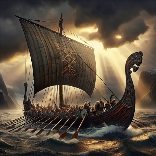 A majestic Viking longship sails through choppy northern seas under dramatic stormy skies with Viking crew navigating, symbolizing Germanic heritage and adventure.