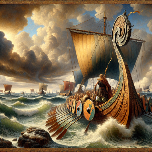 A majestic Viking longship with a dragon-headed prow sails through rough northern seas under a dramatic sky, led by a heroic captain steering at the helm, depicted in a cinematic 1960s historical epic painting style.