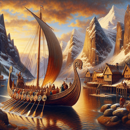 Viking longship sailing through icy fjords with Nordic coastal villages under a dramatic sunset sky, in the style of classic 1960s historical epic paintings.