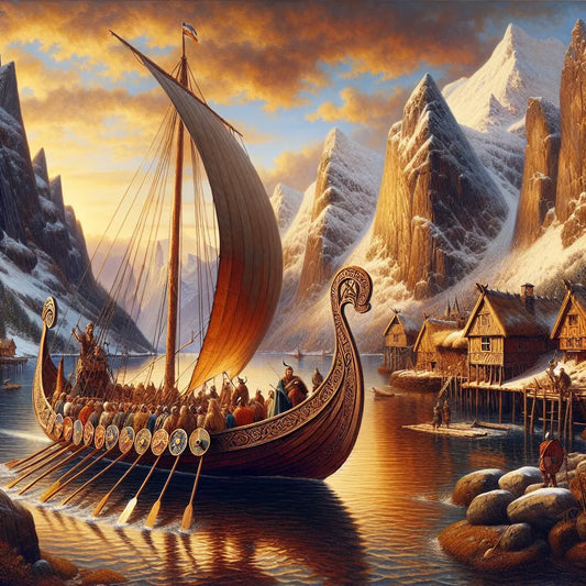 Viking longship sailing through icy fjords with Nordic coastal villages under a dramatic sunset sky, in the style of classic 1960s historical epic paintings.