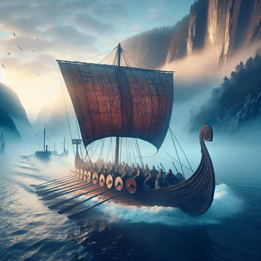 Viking longship sailing through misty Nordic fjords at dawn with shields along the sides and glowing Norse symbols on sails under a cloudy sky, painted in a cinematic historical epic style.