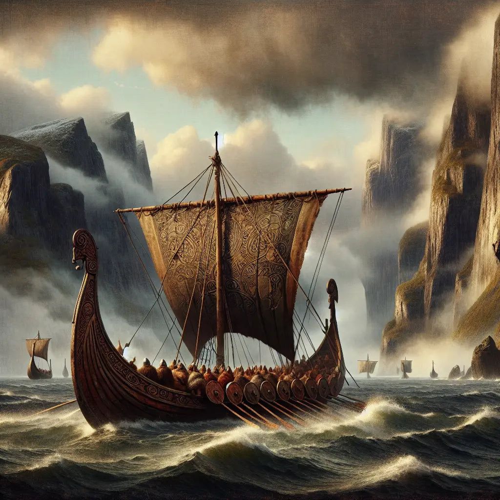 A Viking longship sails through misty Scandinavian fjords with rugged cliffs and a cloudy sky, depicted in a cinematic 1960s historical epic painting style.