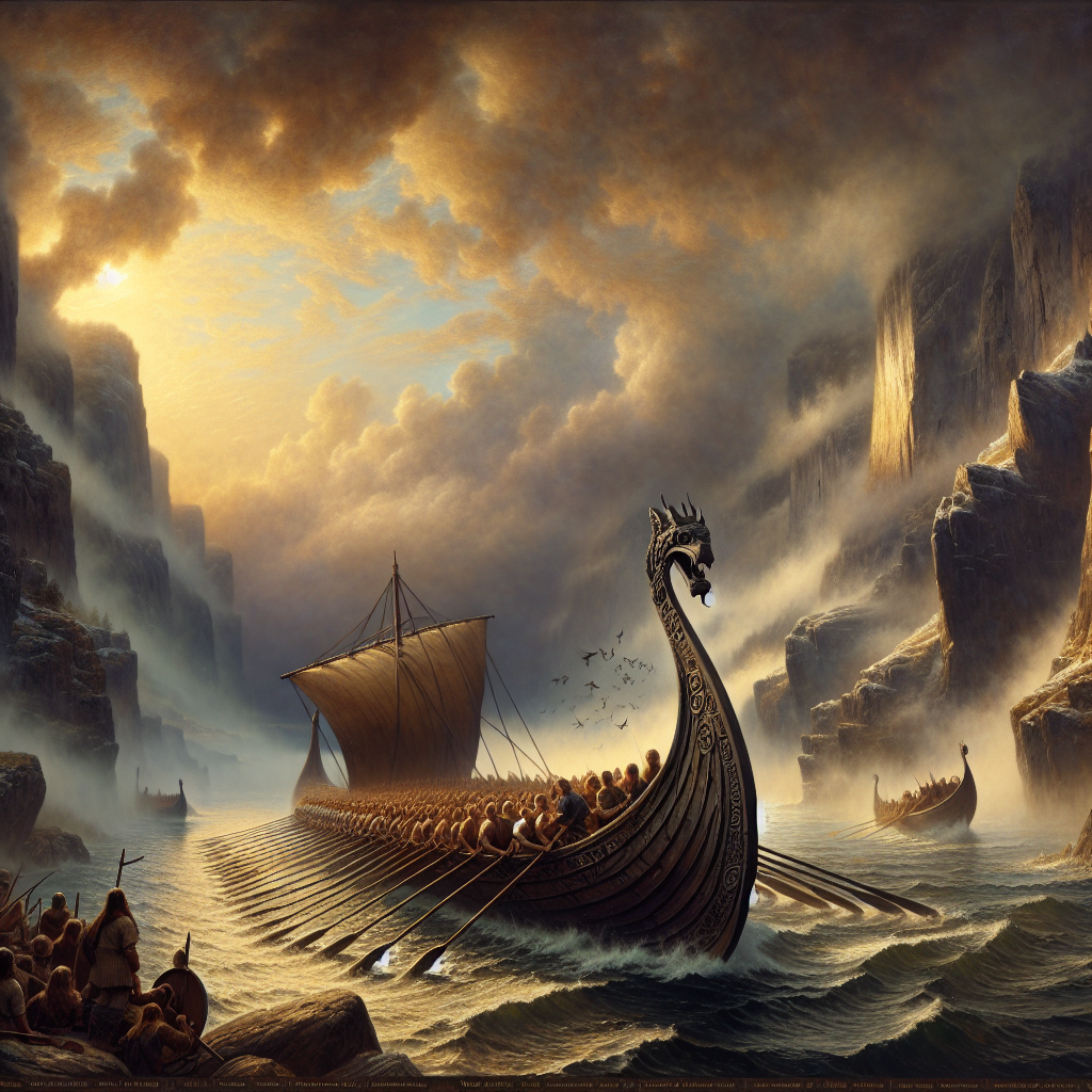 A Viking longship with rowers synchronized in rhythm, gliding through mist-covered fjords under a dramatic cloudy sky, portrayed in a cinematic 1960s historical epic painting style.