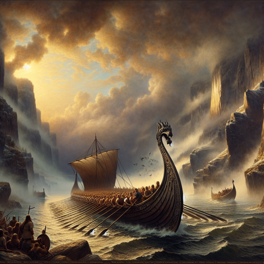 A Viking longship with rowers synchronized in rhythm, gliding through mist-covered fjords under a dramatic cloudy sky, portrayed in a cinematic 1960s historical epic painting style.