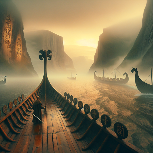 A detailed Viking longship sails through misty northern fjords at dawn with softly glowing ancient runes, capturing Norse heritage in a cinematic 1960s historical painting style.