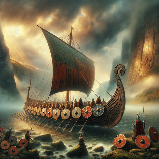 A majestic Viking longship sailing through misty Nordic fjords under a dramatic sky, with shields lining its sides and faint glowing runes in the background, painted in a cinematic 1960s Roman epic style.