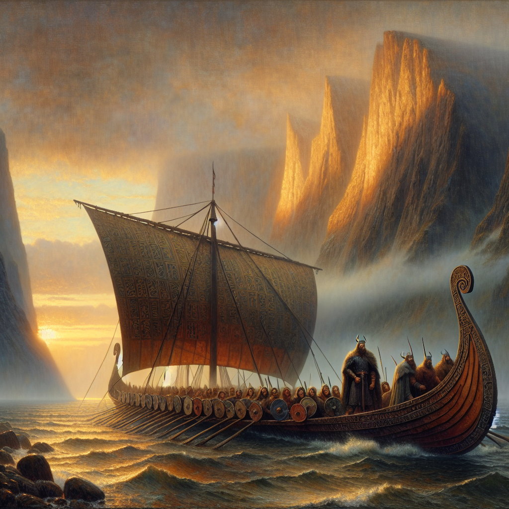 A majestic Viking longship sails through misty northern seas at dawn with glowing ancient runes on its hull, towering fjords in the background under a dramatic cloudy sky, in a cinematic epic painting style.