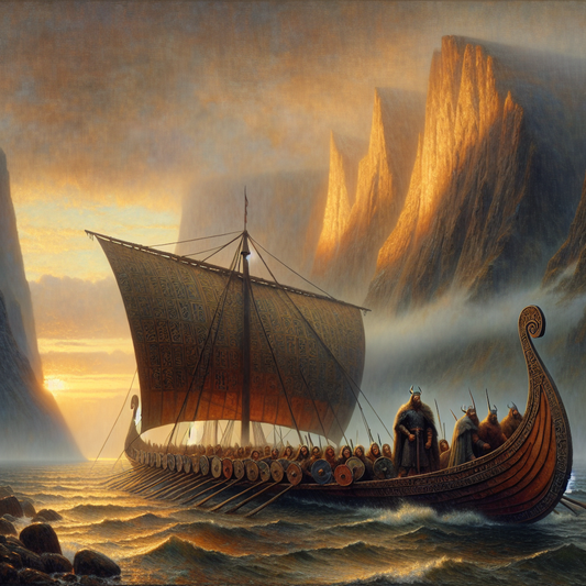 A majestic Viking longship sails through misty northern seas at dawn with glowing ancient runes on its hull, towering fjords in the background under a dramatic cloudy sky, in a cinematic epic painting style.