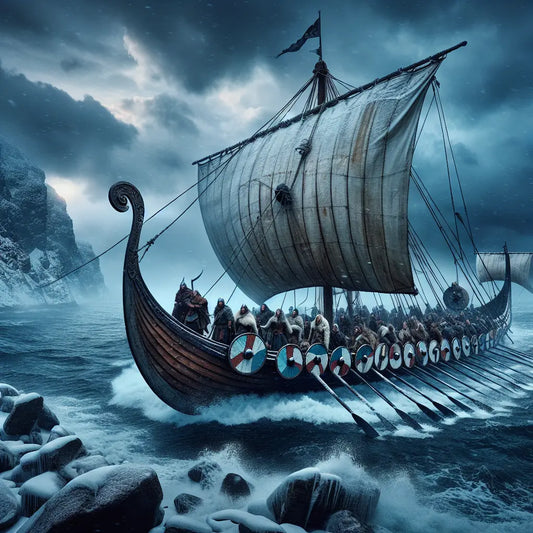A Viking longship with billowing sails and warrior shields sailing through icy Nordic waters under a cloudy sky, styled like a 1960s historical epic painting.