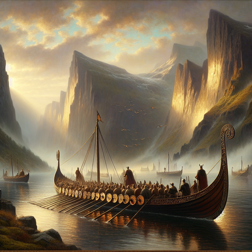 A Viking longship sails at dawn through misty Nordic fjords with faint glowing runes on its hull, surrounded by cliffs and calm waters in a cinematic 1960s epic painting style.