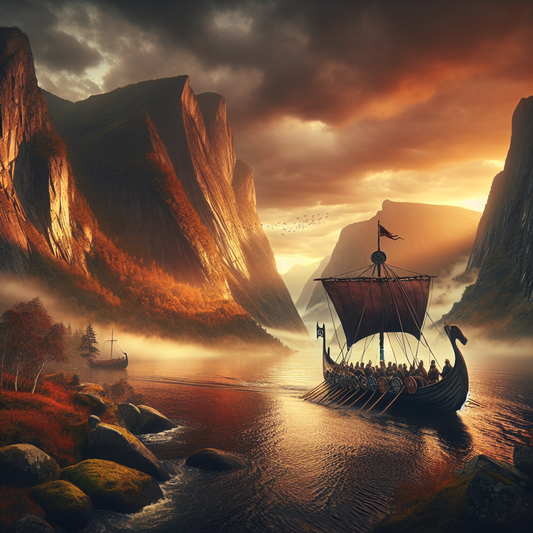 A majestic Viking longship sails at sunrise through misty Nordic fjords adorned with vibrant autumn colors, showcasing ancient craftsmanship in a cinematic, painterly style.
