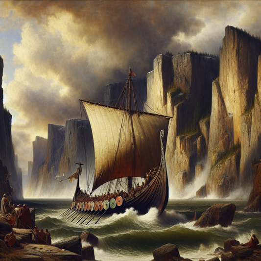 Viking longship with sails and shields navigating dramatic Nordic fjords under a moody sky, depicted in a cinematic Roman historical painting style.