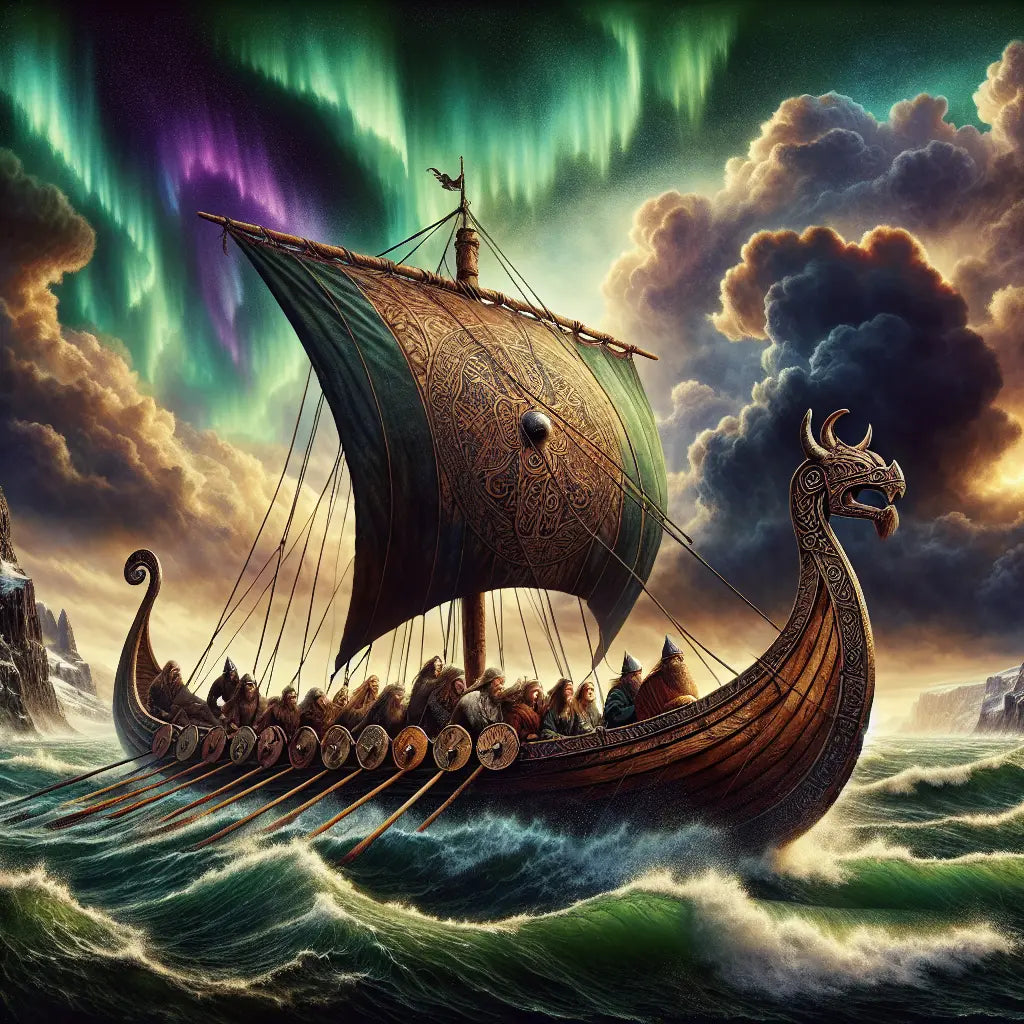 A Viking longship with Norse sailors navigating the stormy North Atlantic beneath dramatic skies illuminated by northern lights, portrayed in a 1960s historical epic painting style.