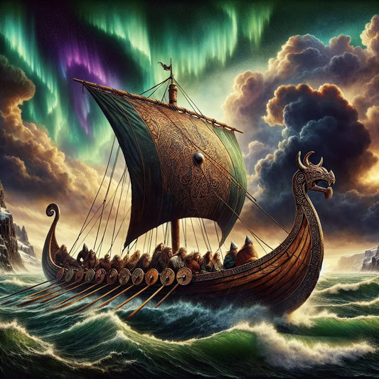 A Viking longship with Norse sailors navigating the stormy North Atlantic beneath dramatic skies illuminated by northern lights, portrayed in a 1960s historical epic painting style.
