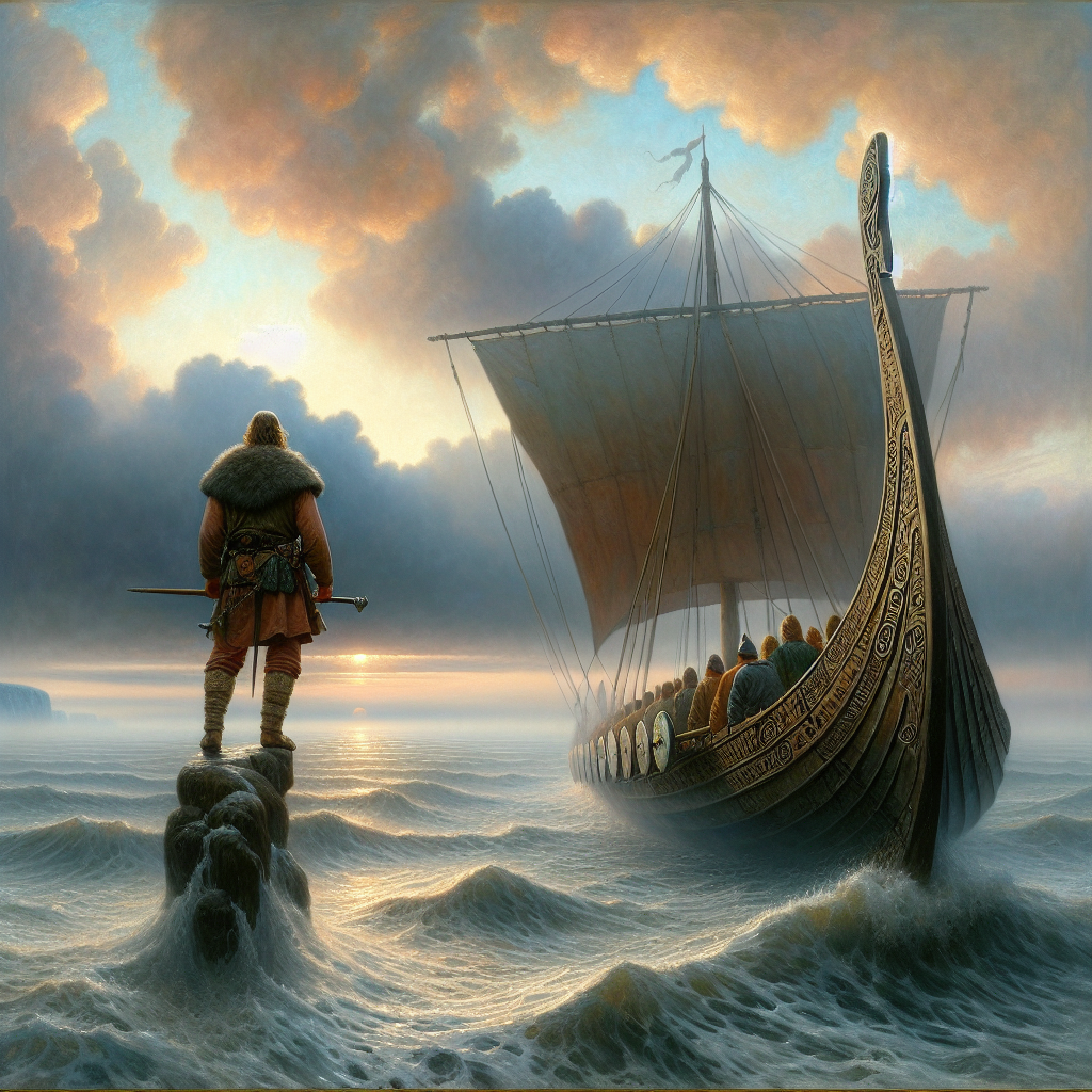 A Viking longship cuts through misty North Sea waters at dawn with a silhouetted warrior gazing toward the horizon under a dramatic sky, styled like a 1960s historical epic painting.