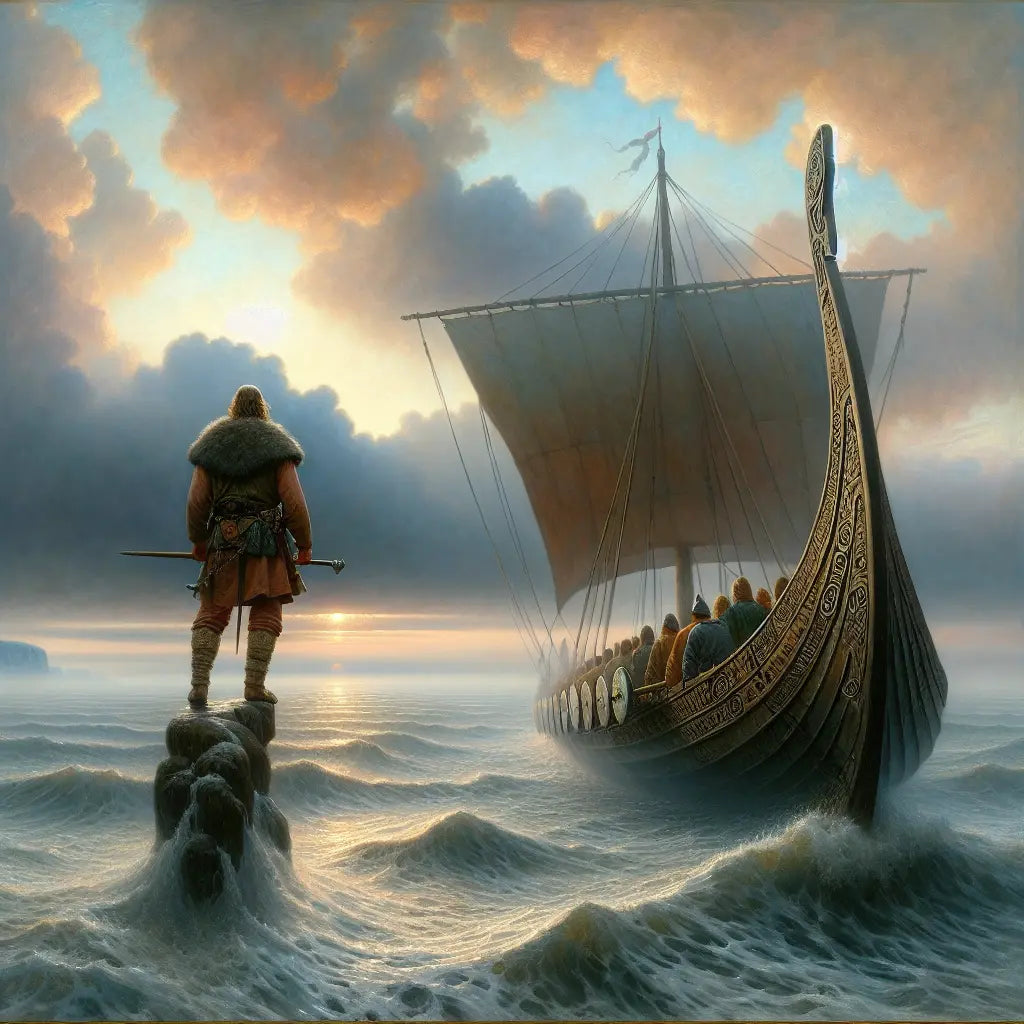 A Viking longship cuts through misty North Sea waters at dawn with a silhouetted warrior gazing toward the horizon under a dramatic sky, styled like a 1960s historical epic painting.