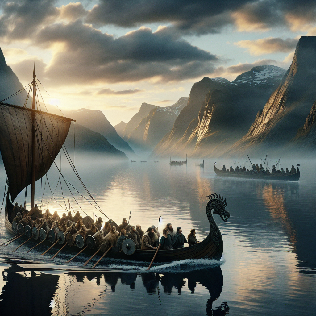 Viking longship sailing a calm northern fjord at sunrise surrounded by misty mountains and Viking landmarks in the style of 1960s historical epic paintings.