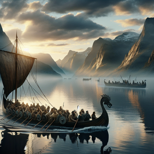 Viking longship sailing a calm northern fjord at sunrise surrounded by misty mountains and Viking landmarks in the style of 1960s historical epic paintings.