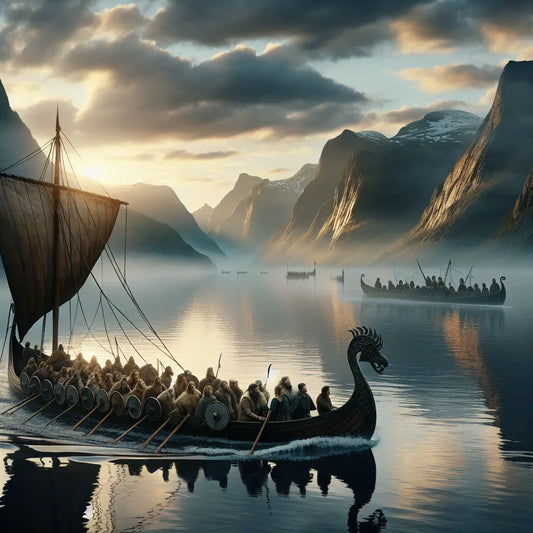 Viking longship sailing a calm northern fjord at sunrise surrounded by misty mountains and Viking landmarks in the style of 1960s historical epic paintings.
