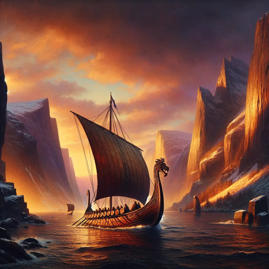 A majestic Viking longship sails through a northern fjord at sunset, with rugged cliffs towering on both sides, painted in a warm, cinematic style reminiscent of 1960s historical epics.