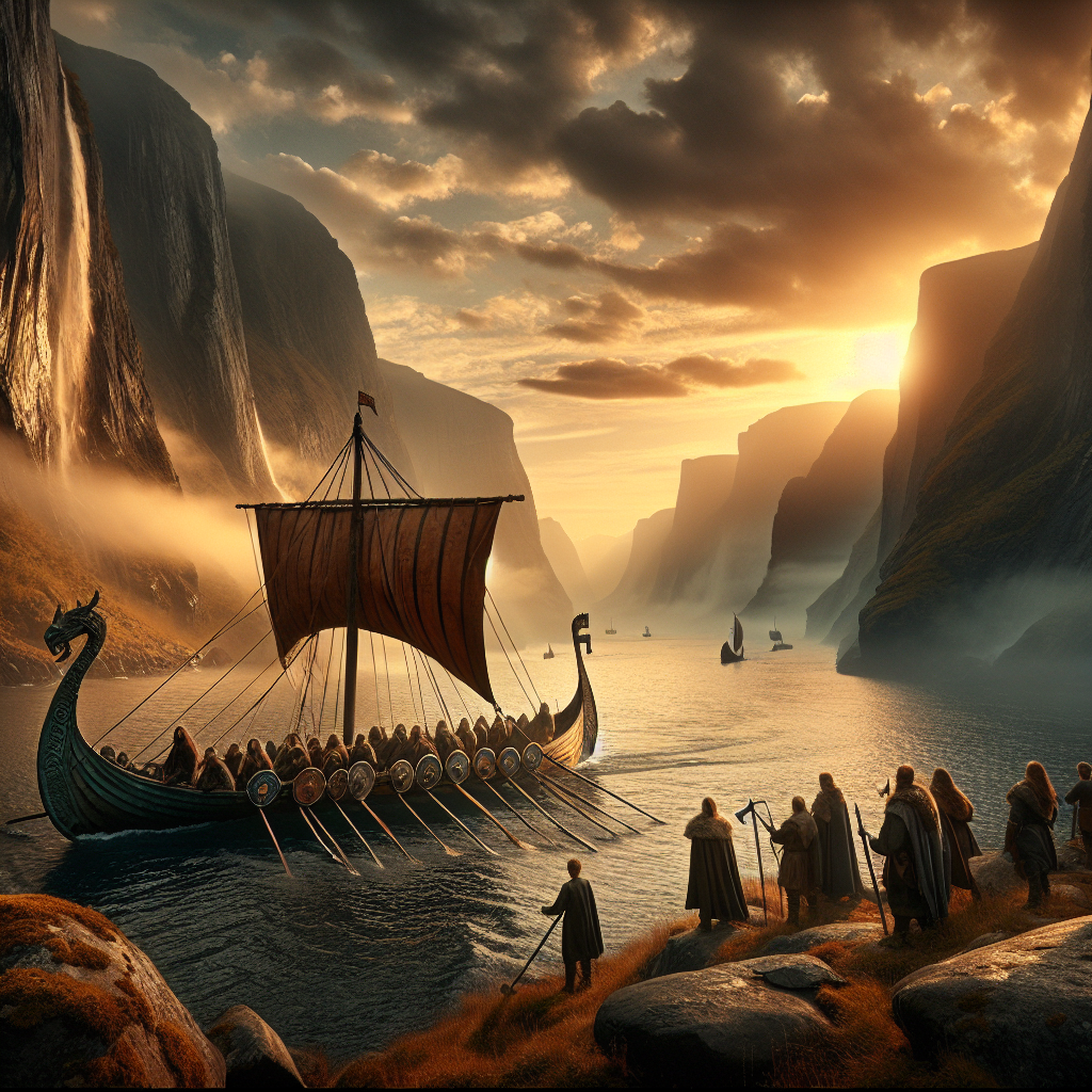 A majestic Viking longship sails through calm northern fjord waters at sunset, surrounded by rugged cliffs and dramatic skies, inspired by 1960s historical epic films.