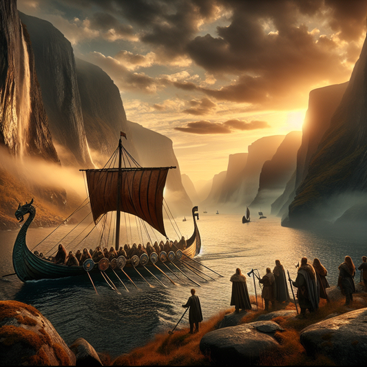 A majestic Viking longship sails through calm northern fjord waters at sunset, surrounded by rugged cliffs and dramatic skies, inspired by 1960s historical epic films.