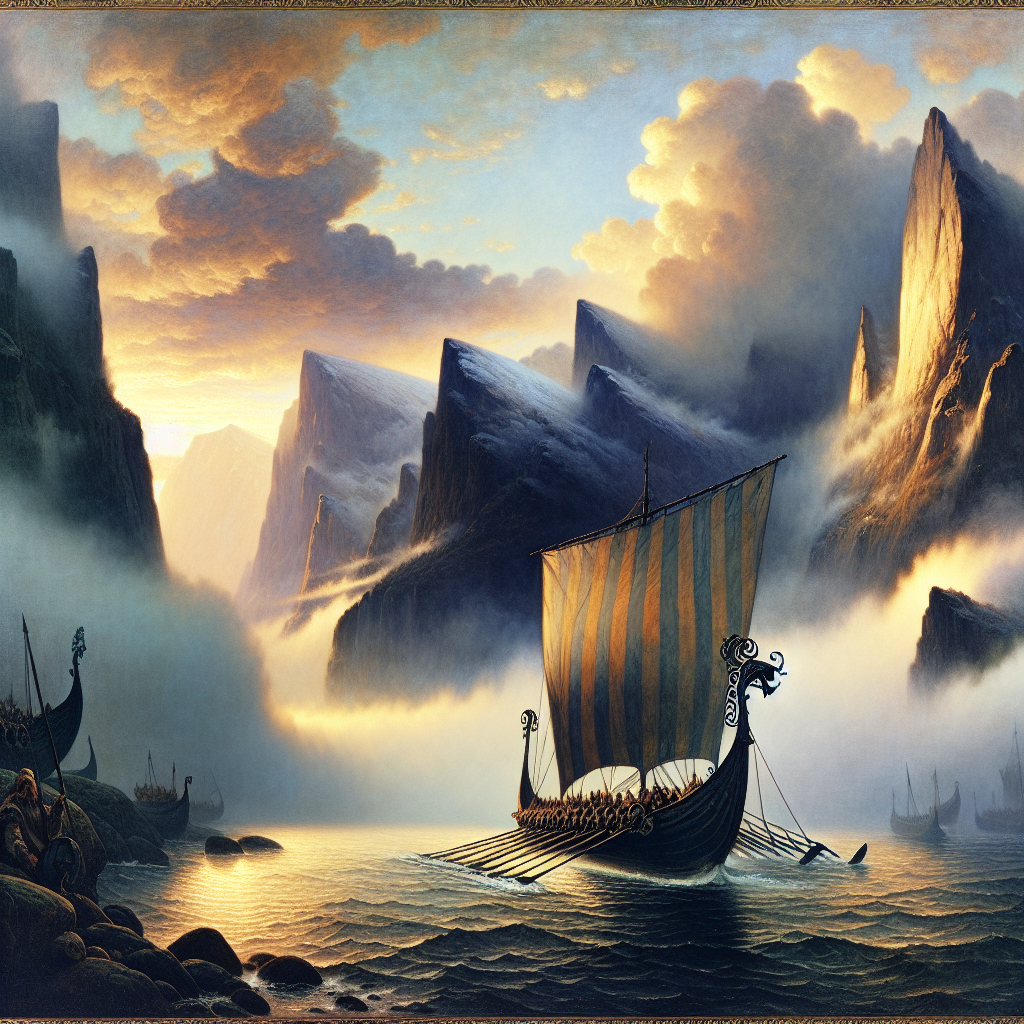 Viking longship with dragon-headed prow sailing through misty northern fjords at dawn under a dramatic sky, in the style of classic 1960s historical epics.