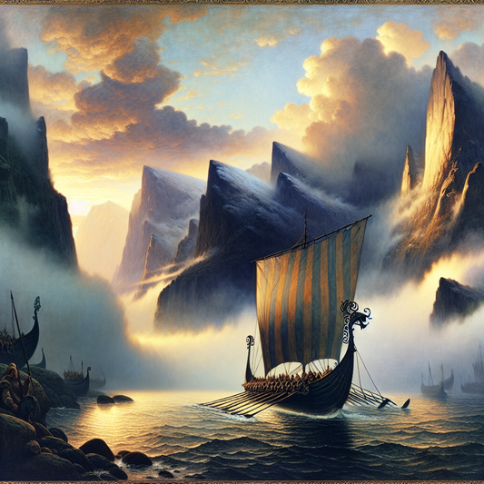 Viking longship with dragon-headed prow sailing through misty northern fjords at dawn under a dramatic sky, in the style of classic 1960s historical epics.