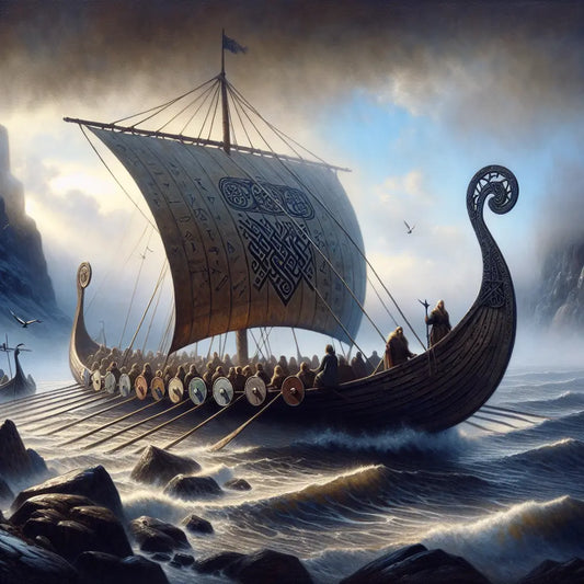A Viking Longship sails through a misty northern sea at dawn with Norse and Germanic symbols subtly blending into the cloudy sky, rendered in a cinematic 1960s epic painting style.