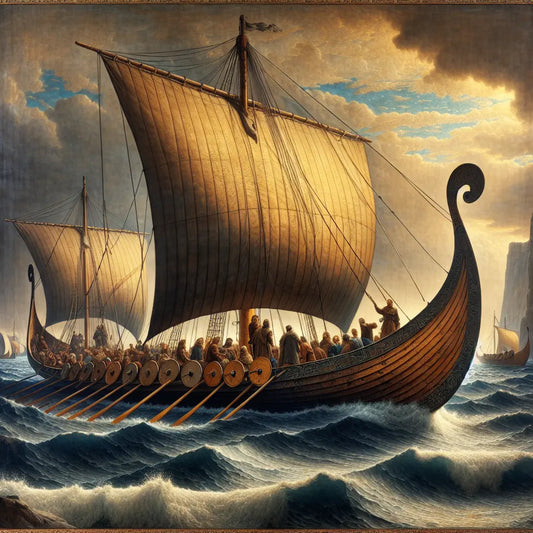 Viking longship sailing on a northern sea under dramatic sky, with crew dressed in fur and leather, capturing the maritime spirit and resilience of Northern Europe during age of exploration, in a realistic cinematic painting style.