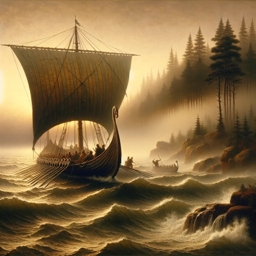 A Viking longship sails through misty northern seas with dense ancient forests in the background, depicting the migration of East Germanic tribes like the Visigoths in a cinematic painting style.