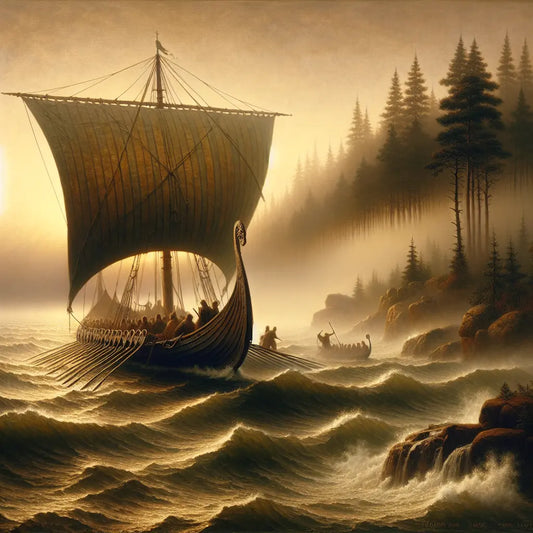 A Viking longship sails through misty northern seas with dense ancient forests in the background, depicting the migration of East Germanic tribes like the Visigoths in a cinematic painting style.